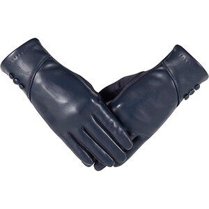 Women's Winter Leather Gloves Touch Screen Wool Lined Windproof Warm Suede Blue
